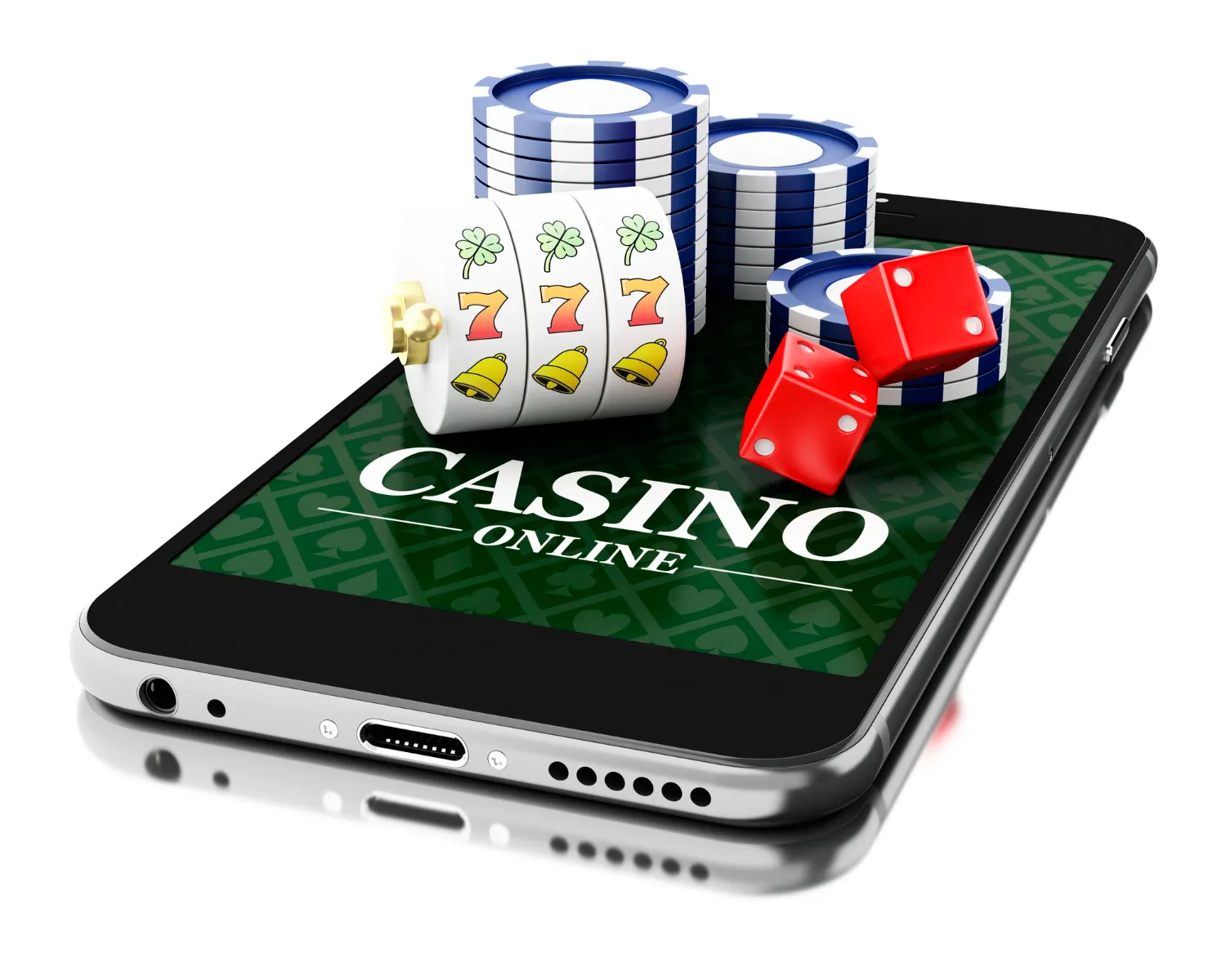 3d smartphone with coins dice online casino concept