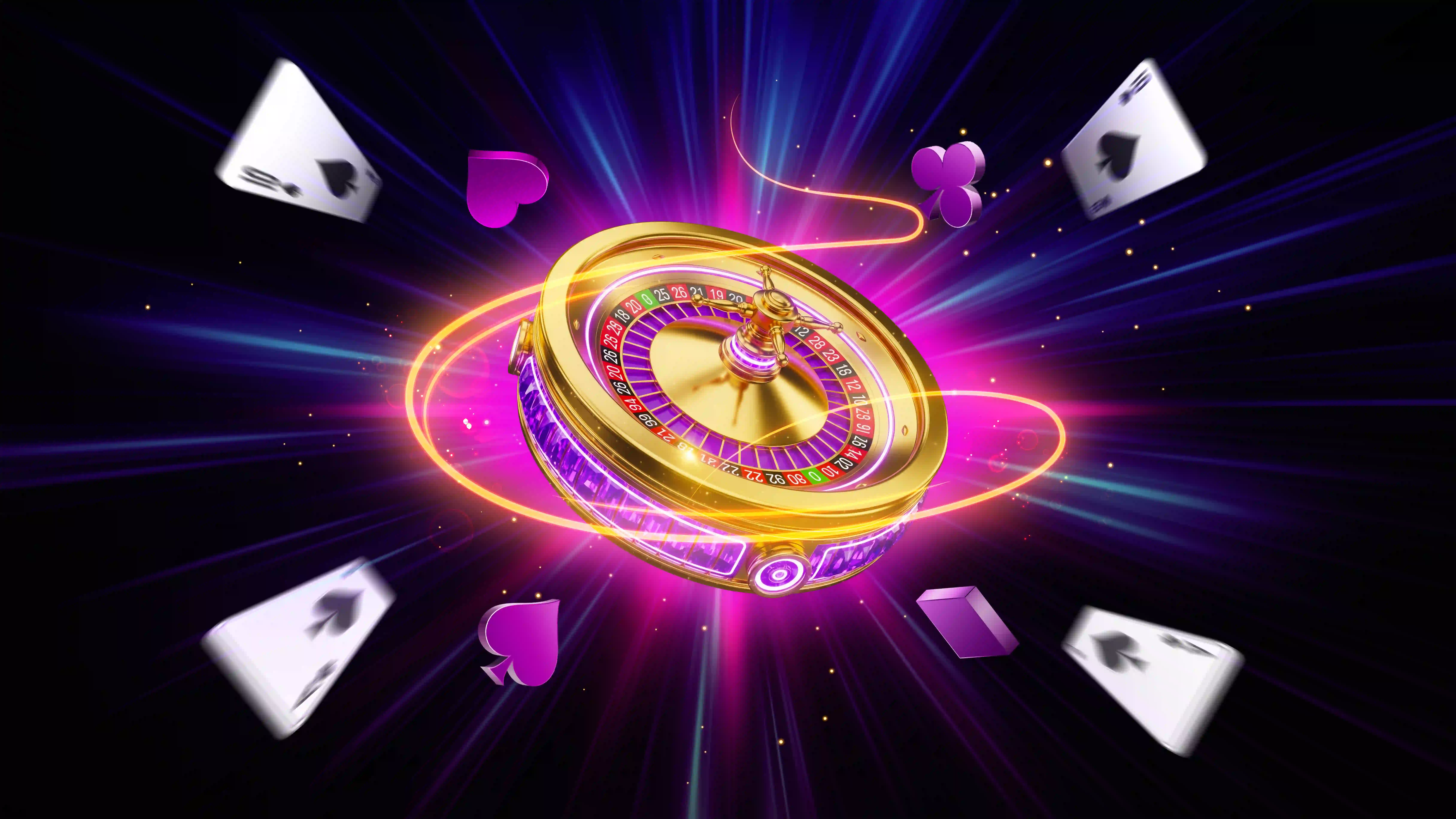 Golden roulette wheel with playing cards